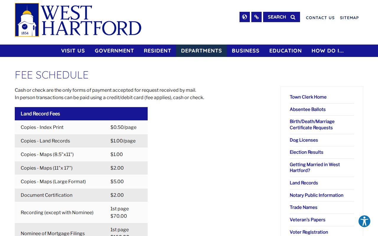 West Hartford Clerk of the Superior Court records Town Clerk fee schedule
