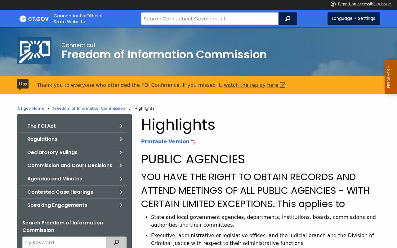West Hartford court dockets FOIC public access highlights page