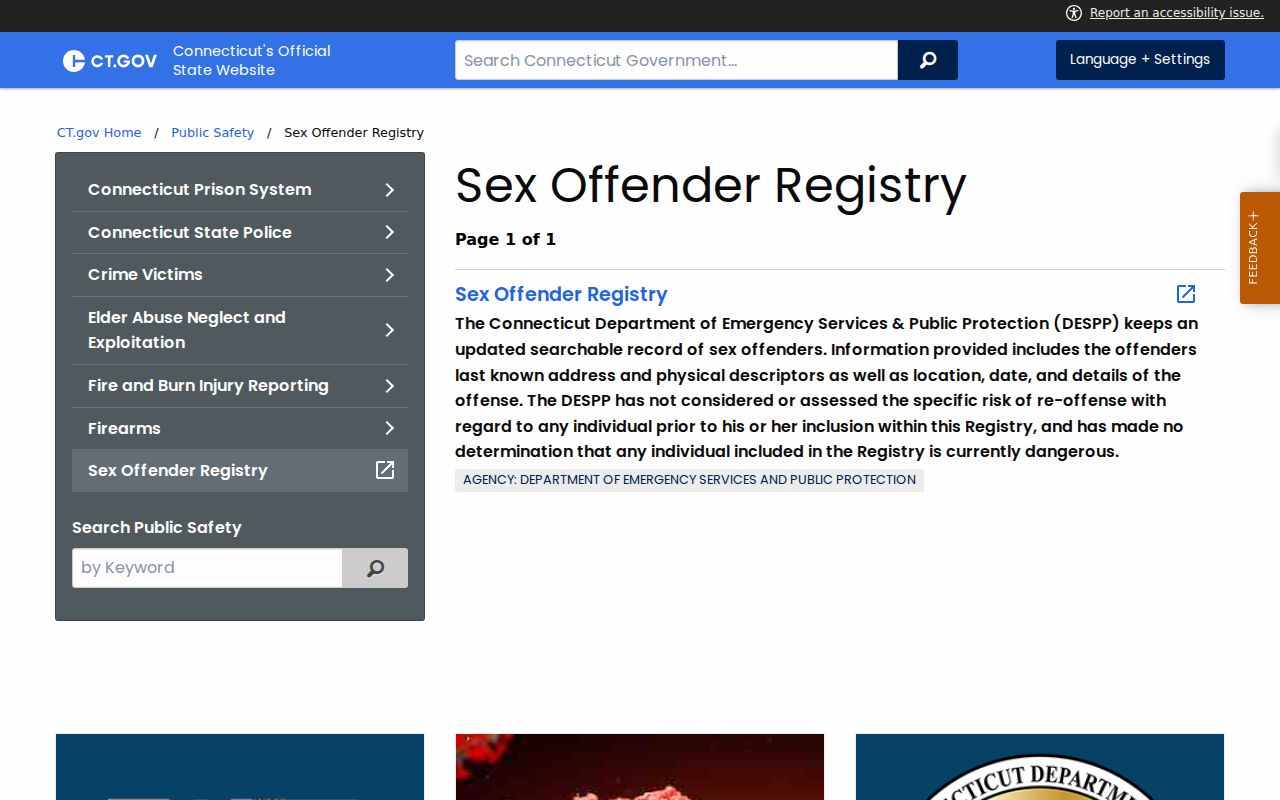 West Hartford court dockets DESPP sex offender registry service page