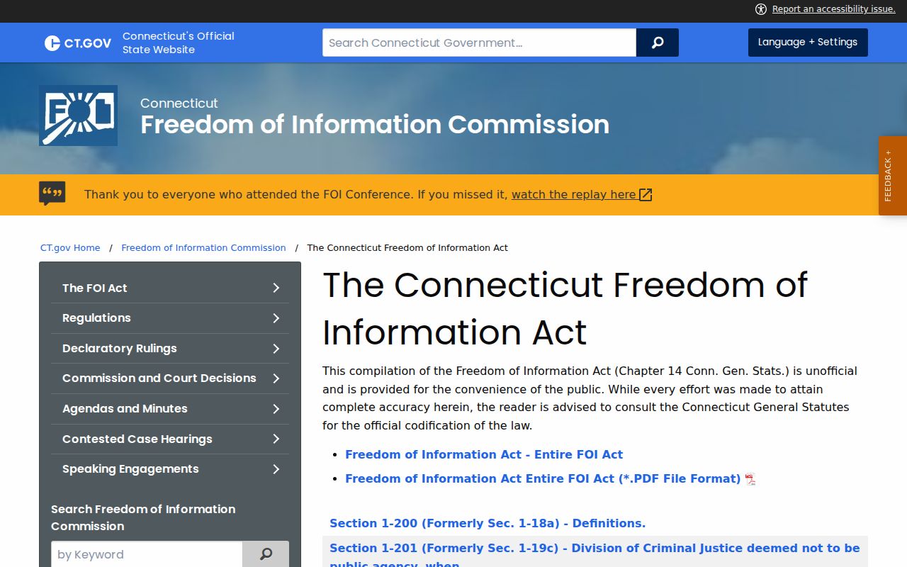 West Hartford court records Connecticut FOI Act public access page