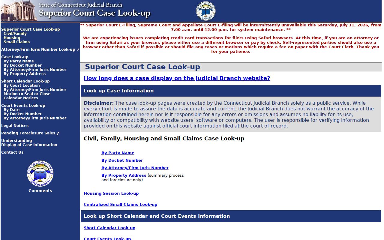 West Hartford court records Superior Court civil inquiry home