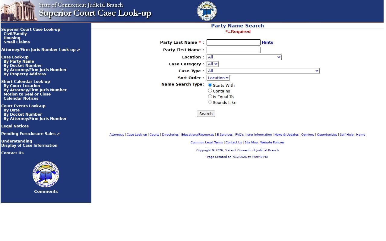 West Hartford court records civil party name search screen