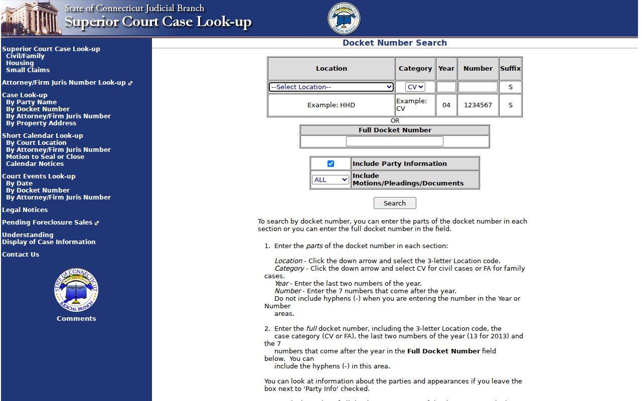 West Hartford court records civil docket number search screen