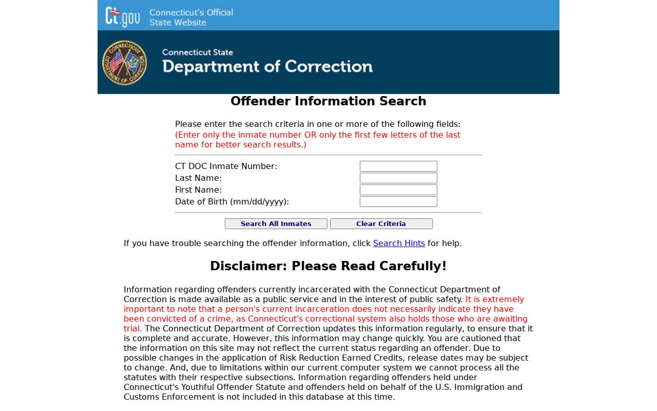 West Hartford inmate search Connecticut DOC inmate information source