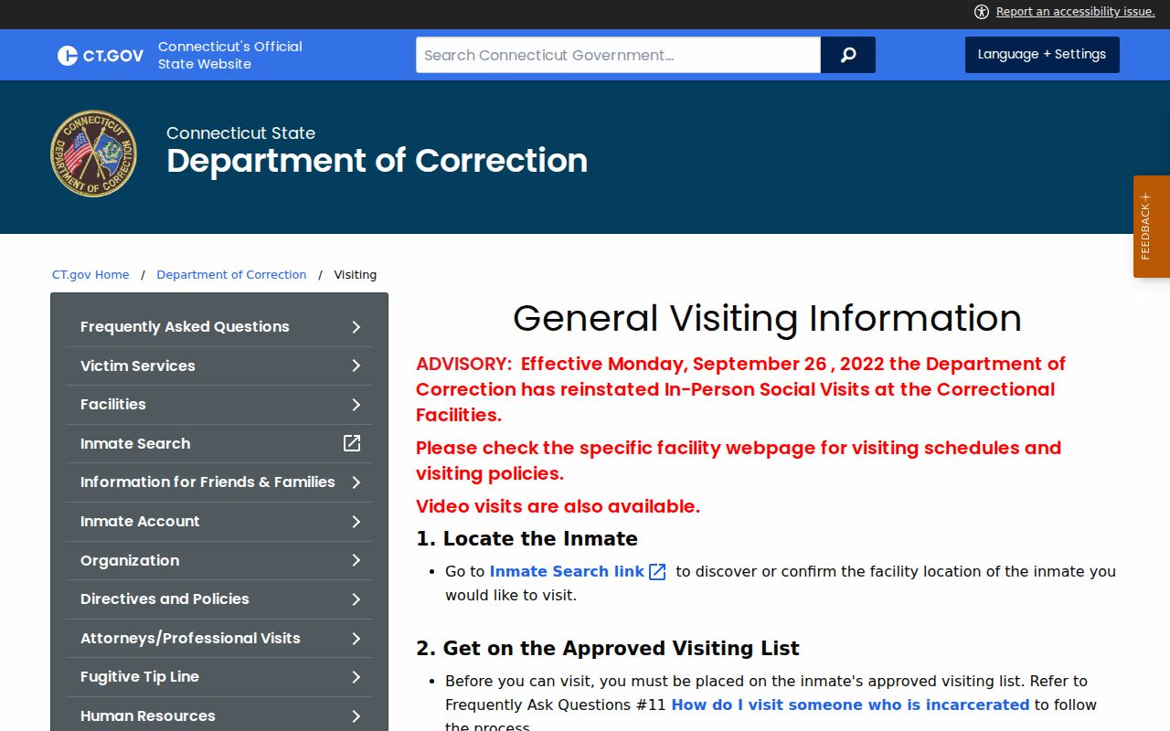 West Hartford inmate search DOC visiting rules source