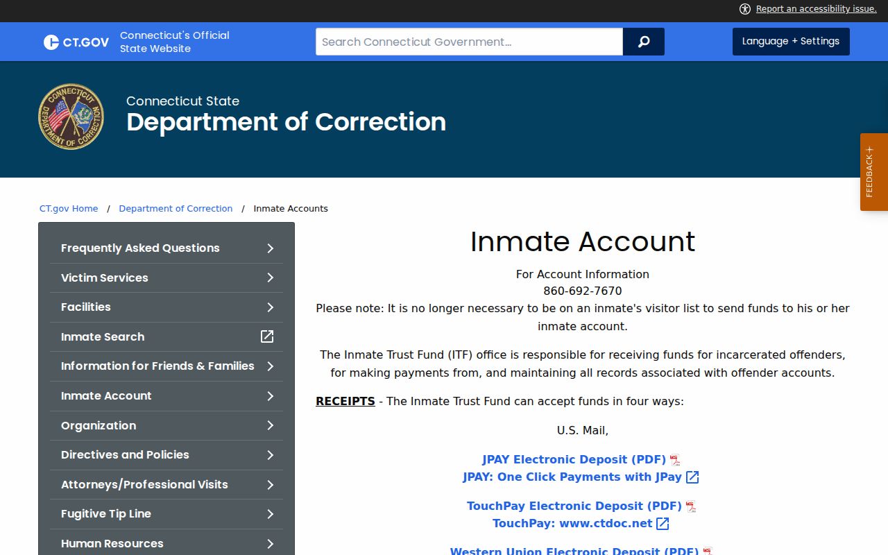 West Hartford inmate search DOC inmate accounts source