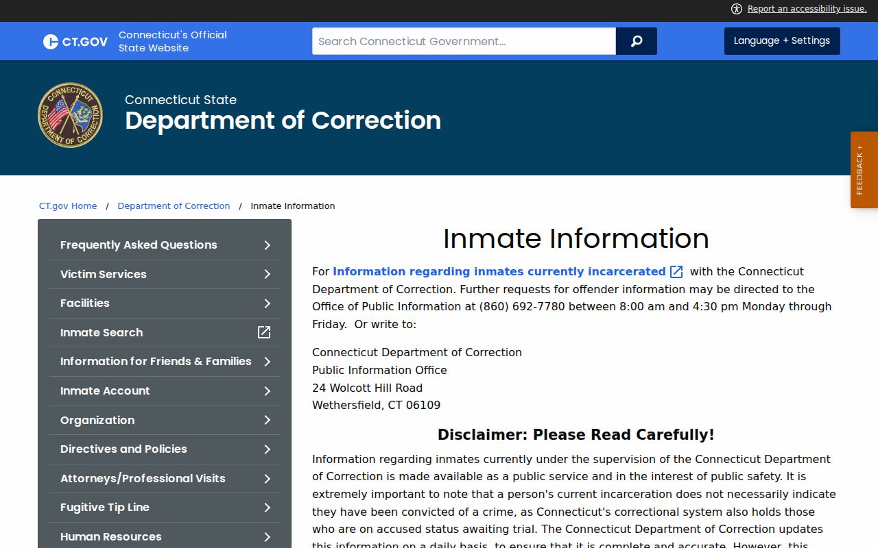 West Hartford inmate search DOC offender information source