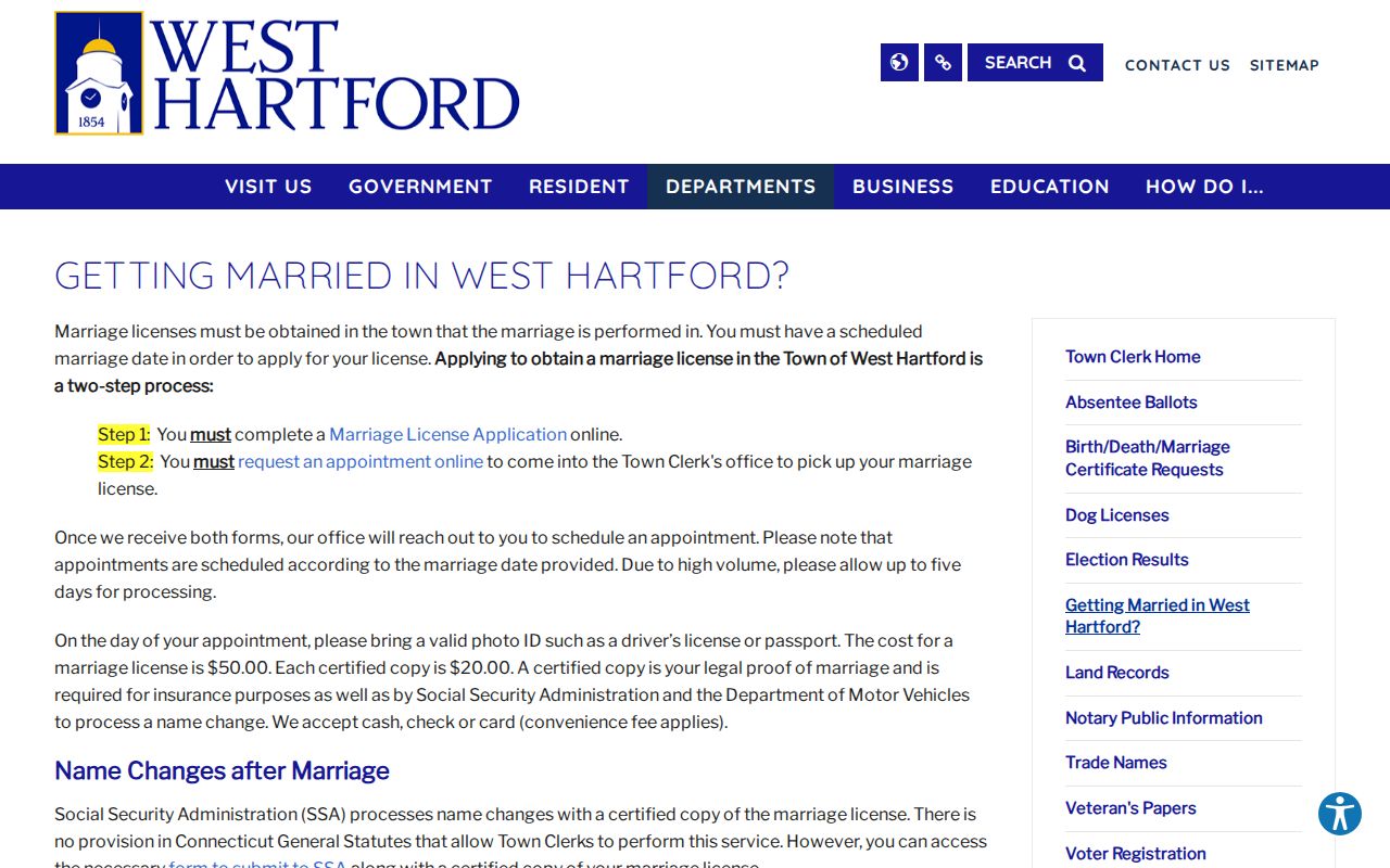 West Hartford marriage records Town Clerk marriage license process