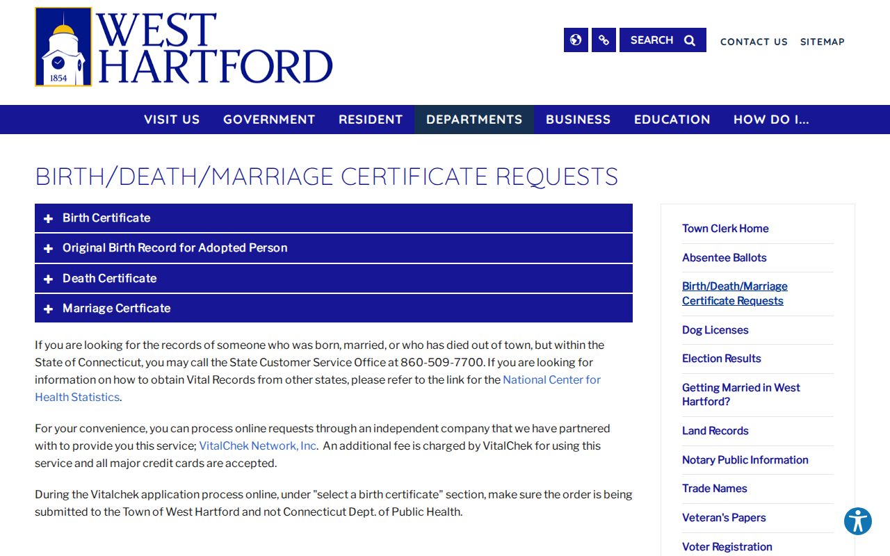 West Hartford marriage records vital certificate request rules