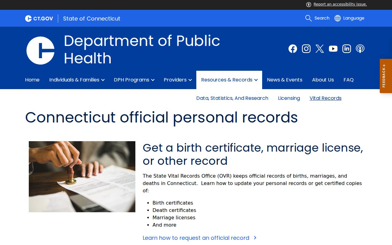 West Hartford marriage and divorce records Connecticut DPH vital records