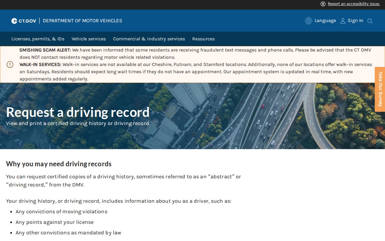 West Hartford traffic court records DMV certified driving record request